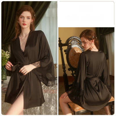 Summer new imitation silk lace splicing tie-up nightgown home service