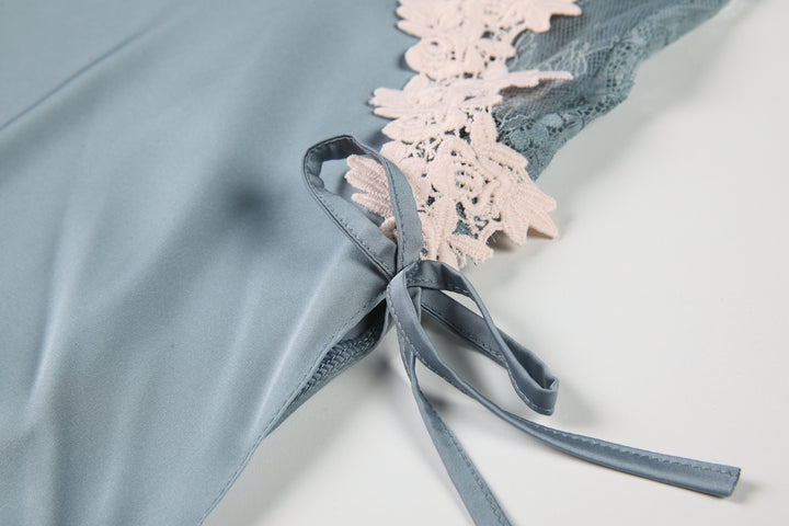 Sexy deep V satin stitching lace suspender nightdress set