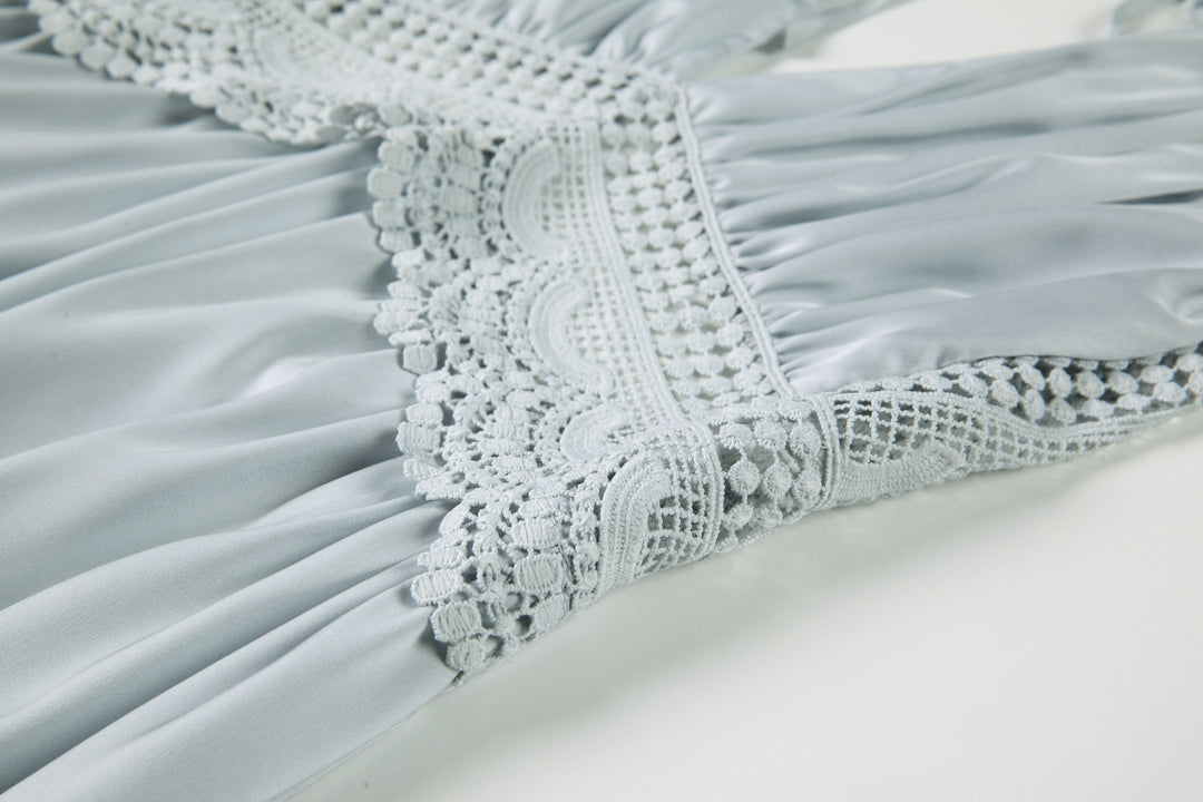 French Satin Lace Sheer Suspender Long Nightdress Set