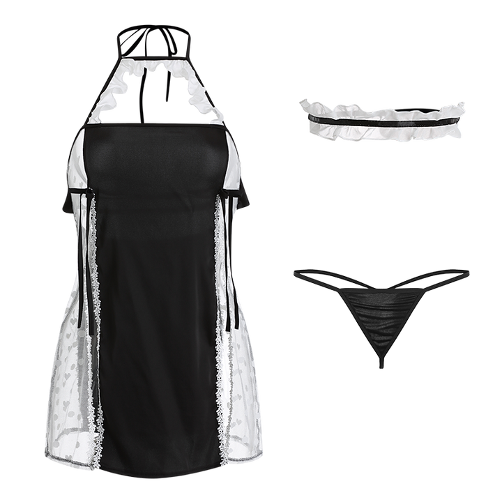 Sexy polka-dot mesh see-through backless slit suspender nightdress sets