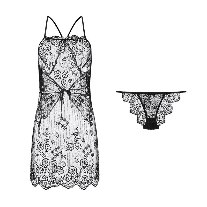 Sexy Lace Butterfly Embroidered Eyelash Lace Strap Camisole Nightdress Set