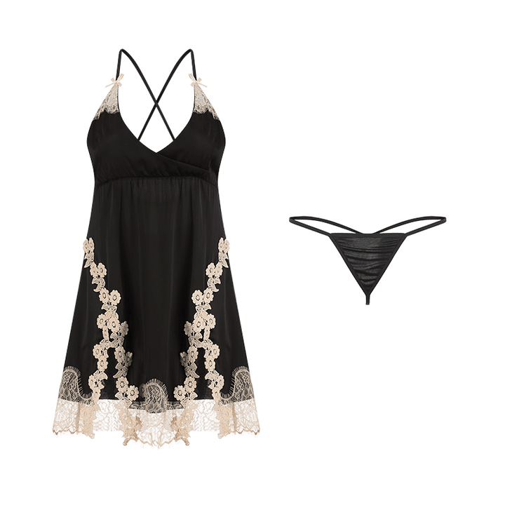 Sexy deep V satin lace slit suspender nightdress