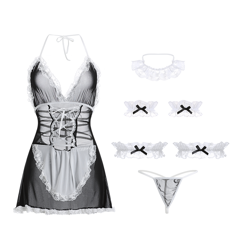 Süßes und süßes durchsichtiges Dienstmädchen-Cosplay-Uniform-Set aus Netzstoff