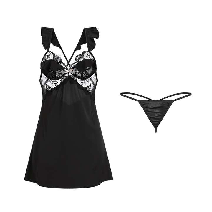 Sexy ruffled deep V backless lace suspender nightdress set